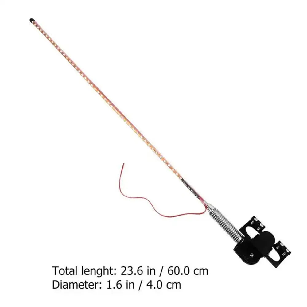 23.6-inch LED whip light for off-road vehicle visibility with a flexible spring base and mounting bracket.