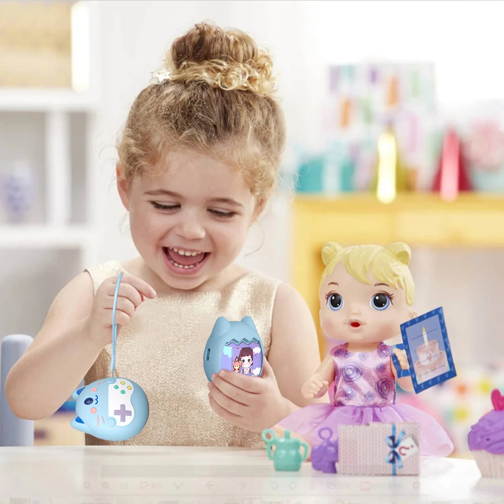 Shockproof silicone case for Tamagotchi Pix in blue, featuring a secure hand strap for easy, safe carrying.