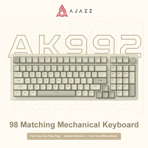 Ajazz AK992 98-key mechanical keyboard with a beige color scheme, multimedia knob, and hot-swap gasket structure.
