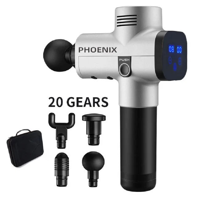 Silver and black 20-gear handheld percussion massage gun with four interchangeable heads and a carrying case.