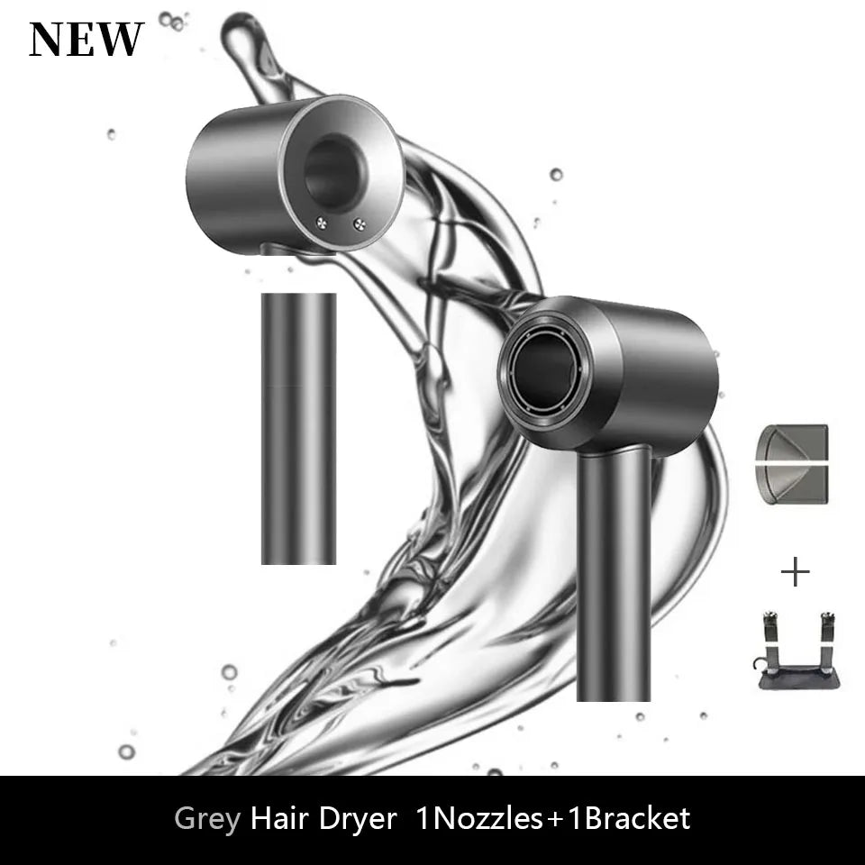 Grey ionic hair dryer with nozzle attachment and stand, sleek lightweight design for professional salon blowouts.