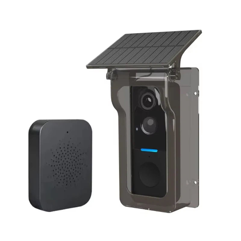 Black wireless video doorbell with solar rain cover and separate indoor chime unit