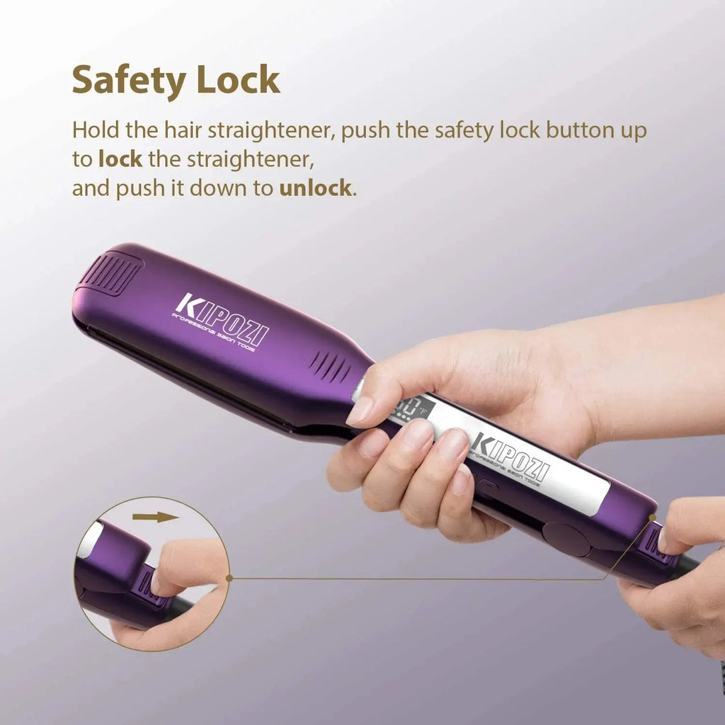 KIPOZI purple titanium flat iron with digital LCD display, showing safety lock feature for easy hair styling.