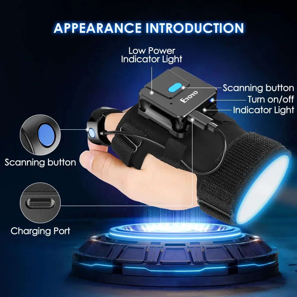 Eyoyo 2D Bluetooth Barcode Scanner Left&Right Hand Glove Wearable Scanner Patable 1D QR Finger Bar Code Reader Wireless Device