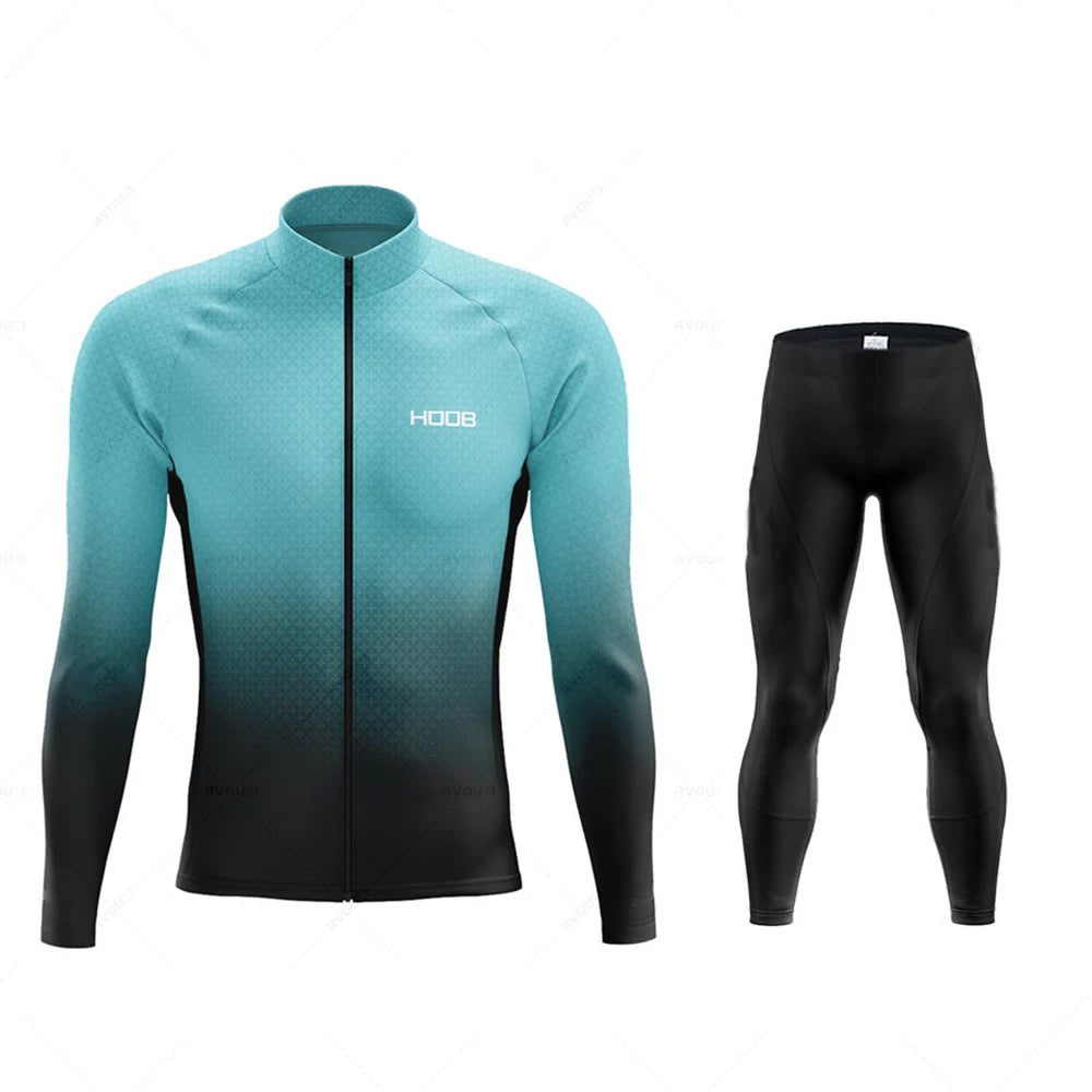 Tidesmit thermal cycling jersey set with teal to black gradient long-sleeve top and matching black compression leggings.