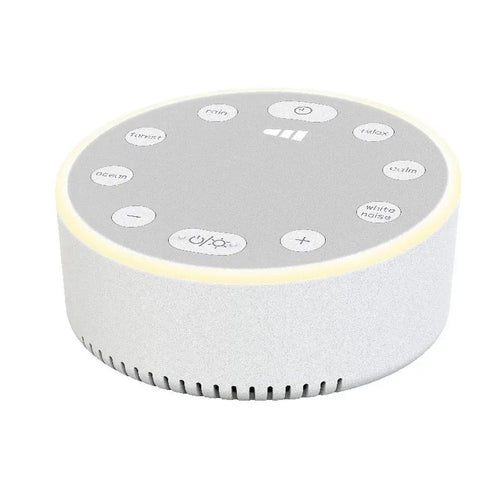 White sleep aid machine with buttons for sound modes and volume control on a round, white device for better sleep.