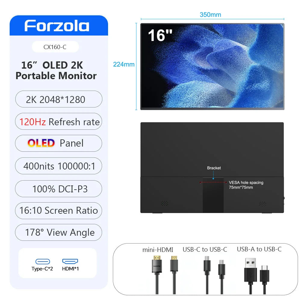 FORZOLA 16" 2K OLED Portable Monitor 120hz Gaming Display 100% DCI-P3 Laptop External Screen USB-C HDMI For Mac PC Mobile Phone