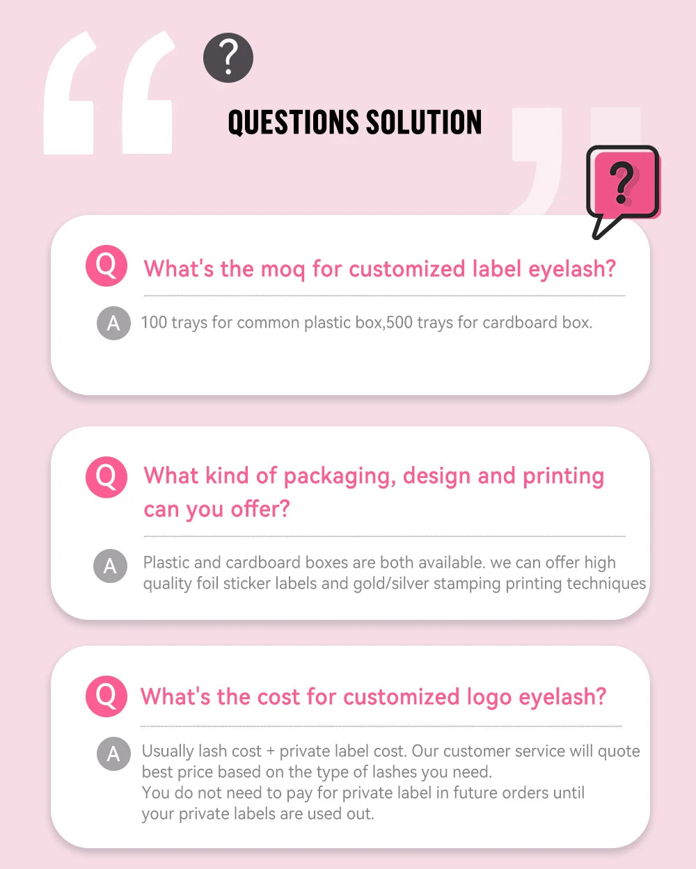 Infographic with three questions and answers regarding eyelash packaging and private label ordering requirements.