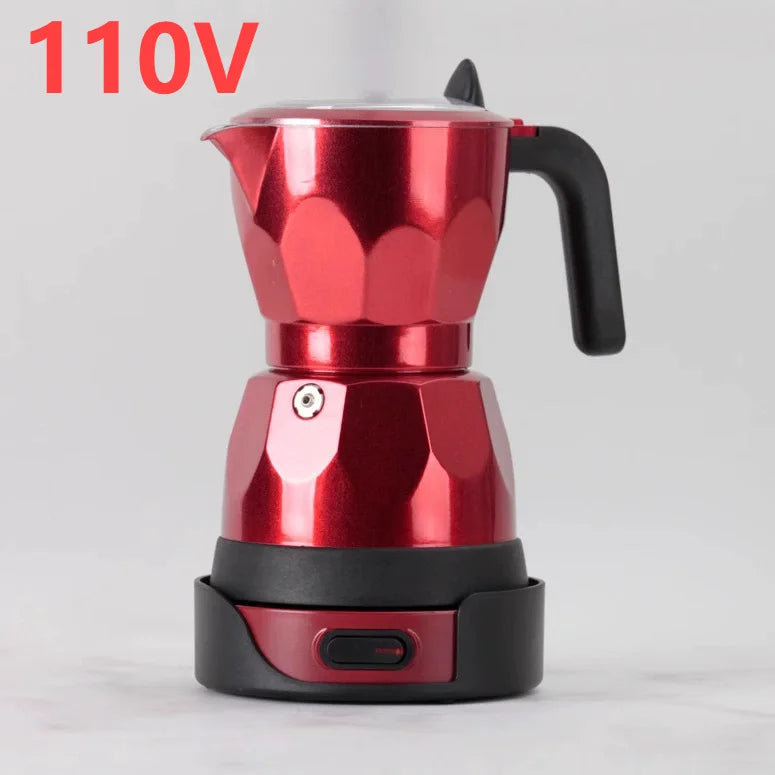 Metallic red electric moka pot coffee maker, 110V model with black handle and base, compact stovetop-style brewer.