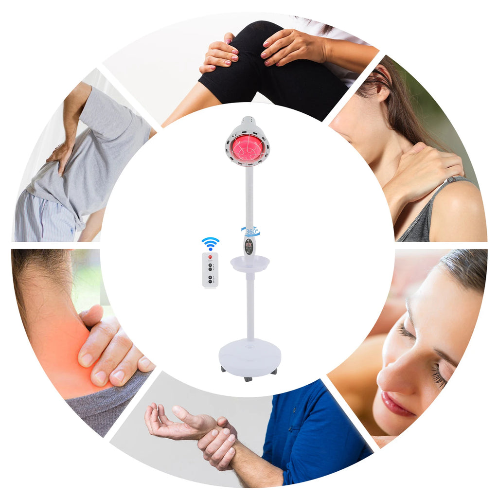 275W infrared heat therapy lamp with remote, adjustable stand, and timer for muscle pain relief.
