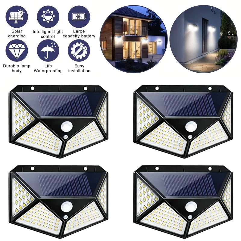 6/4 Pack 100 LED Solar Wall Lights, IP44, Solar Powered with 6-8 Hours Battery Life, Built-in Motion Sensor Auto On, 6500K Color Temperature, Ideal for Street, Courtyard, Mall And Parking Lot Lighting, Ideal Gift for Family
