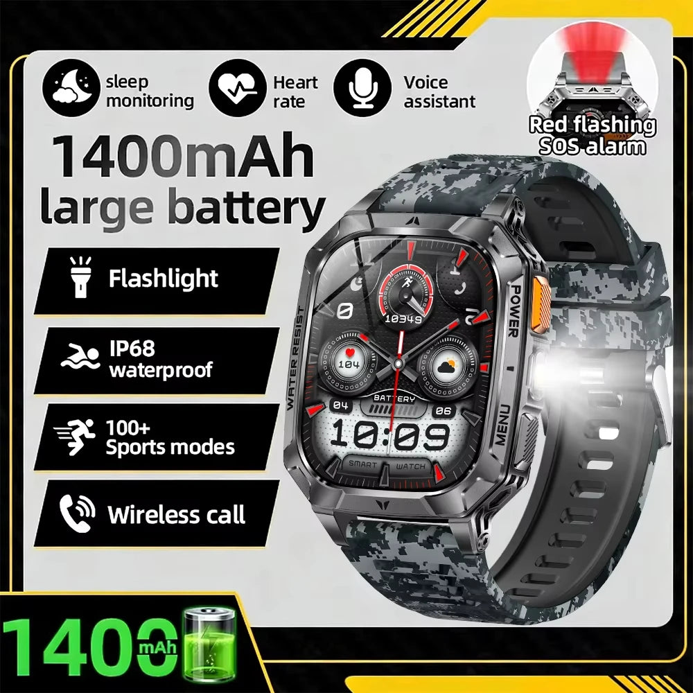 Gray camouflage smartwatch with gray metal case and digital display