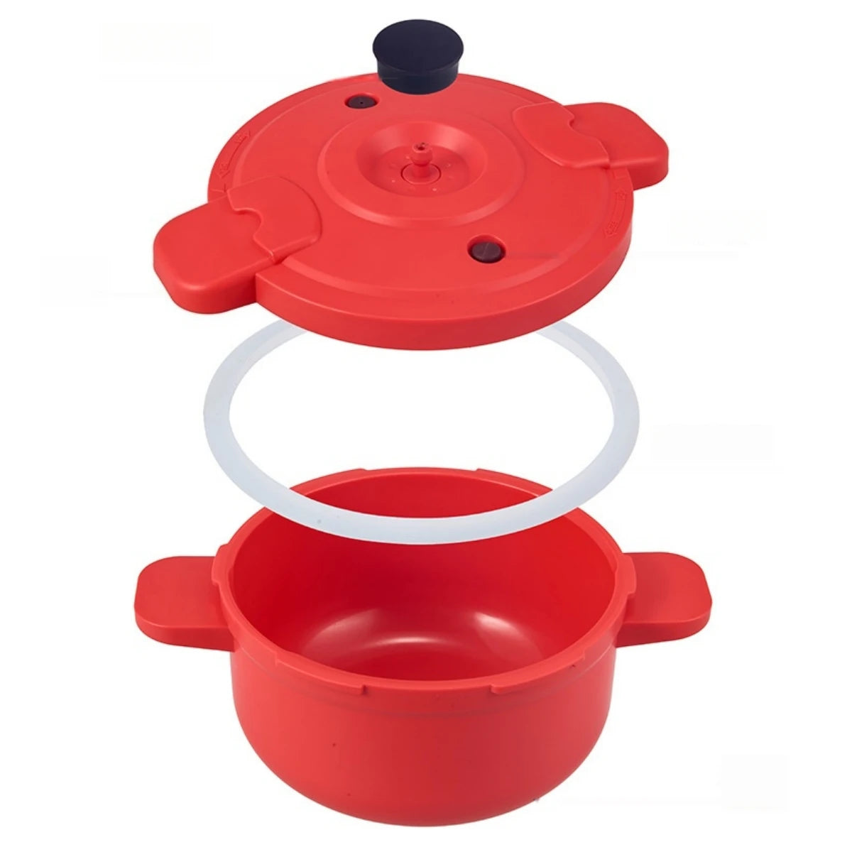 Red microwave pressure cooker pot with lid open and black vent knob