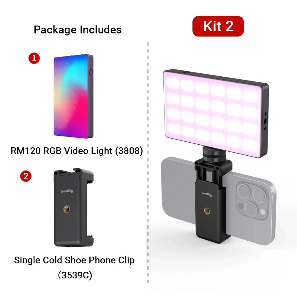 RM120 RGB video light and cold shoe phone clip kit for mounting portable lighting to a smartphone for mobile