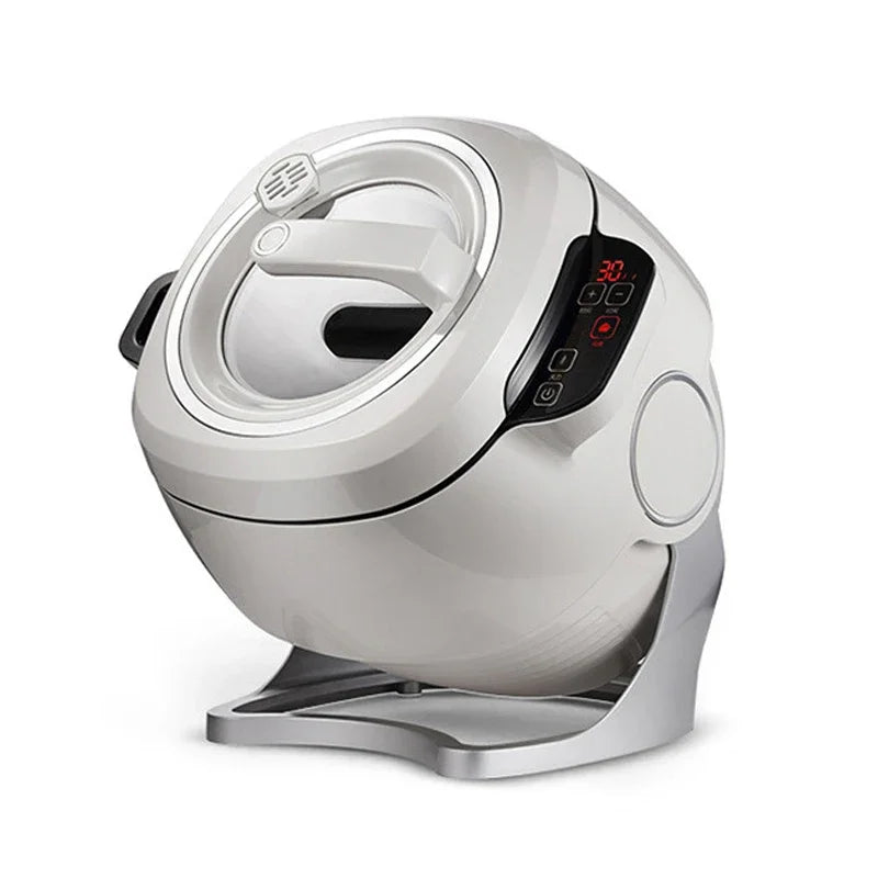 White multi cooker robot with lidded pot, control buttons, and side handle