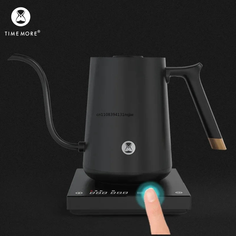 Timemore matte black gooseneck electric pour-over kettle with digital temperature control base on dark background.