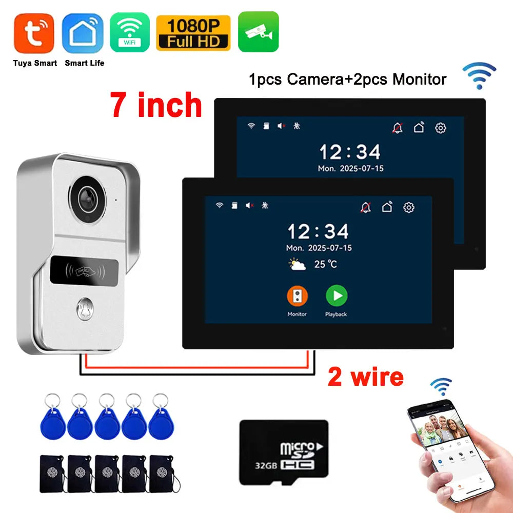 7-inch video door intercom kit with white camera, two wire wiring, and monitor