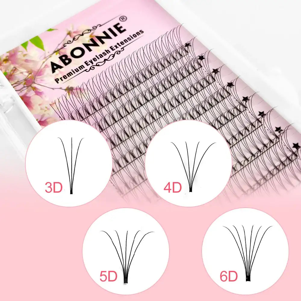 Tray of ABONNIE black premade volume eyelash extension fans with 3D, 4D, 5D, and 6D styles on a pink floral background.