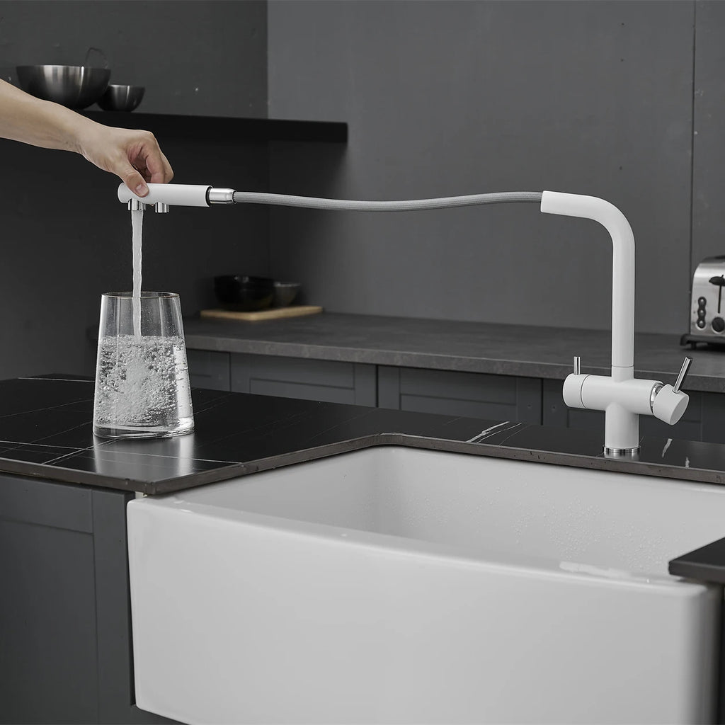 White Hot Cold Filter Kitchen Sink Faucets 3 Ways Pure Water Pull Out Kitchen Sink Mixer Tap Brass Filter Kitchen Sink Faucet