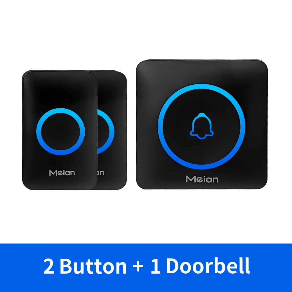 Wireless doorbell receiver and button kit, black receiver with blue ring and bell icon