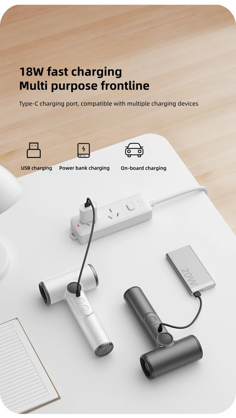 Wireless high-speed hair dryers in white and grey, featuring 18W fast USB-C charging for travel and dorm use.