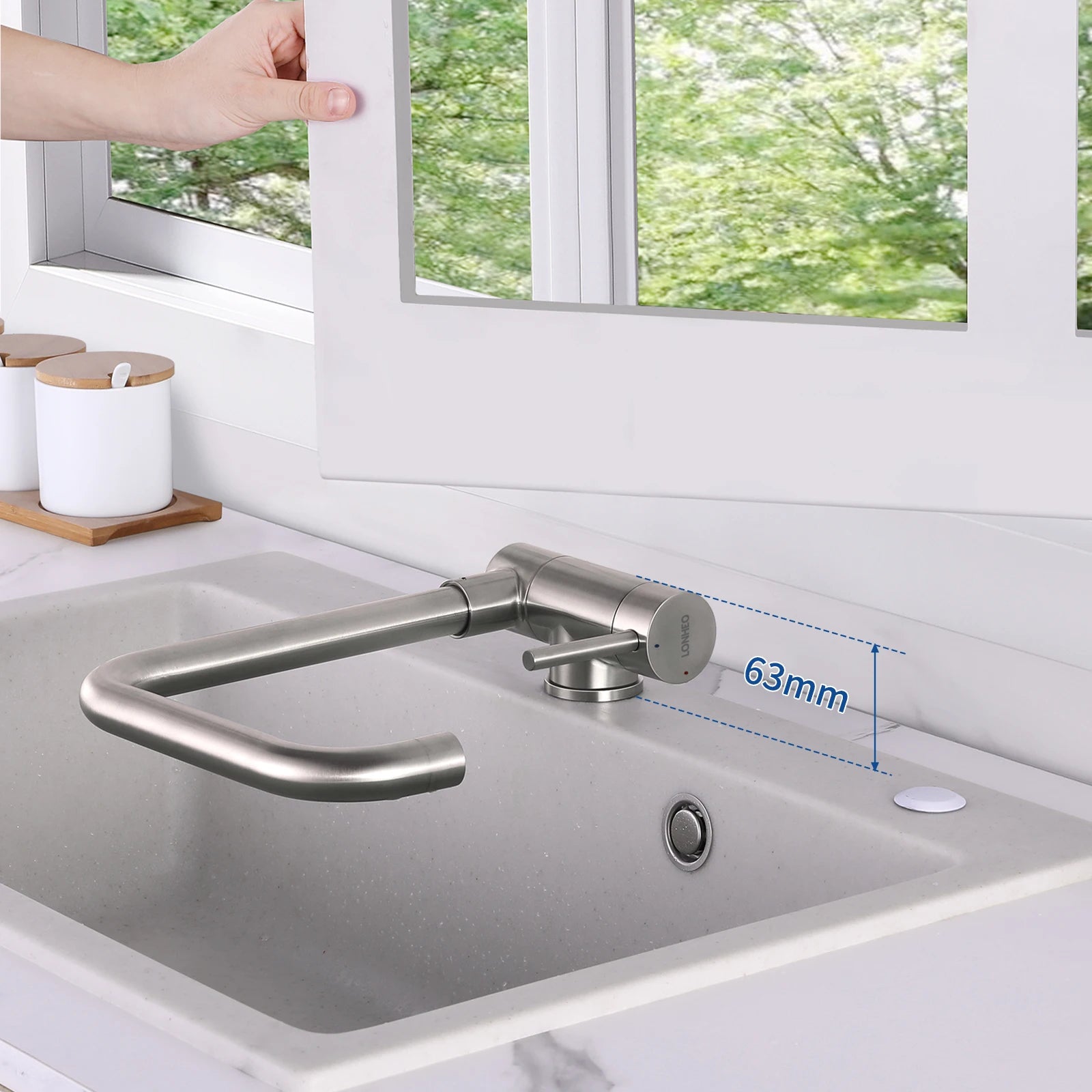 360° Swivel Foldable Kitchen Mixer, Kitchen Faucet with Window-Facing Folding Handle, 304 Stainless Steel Sink Mixer Tap