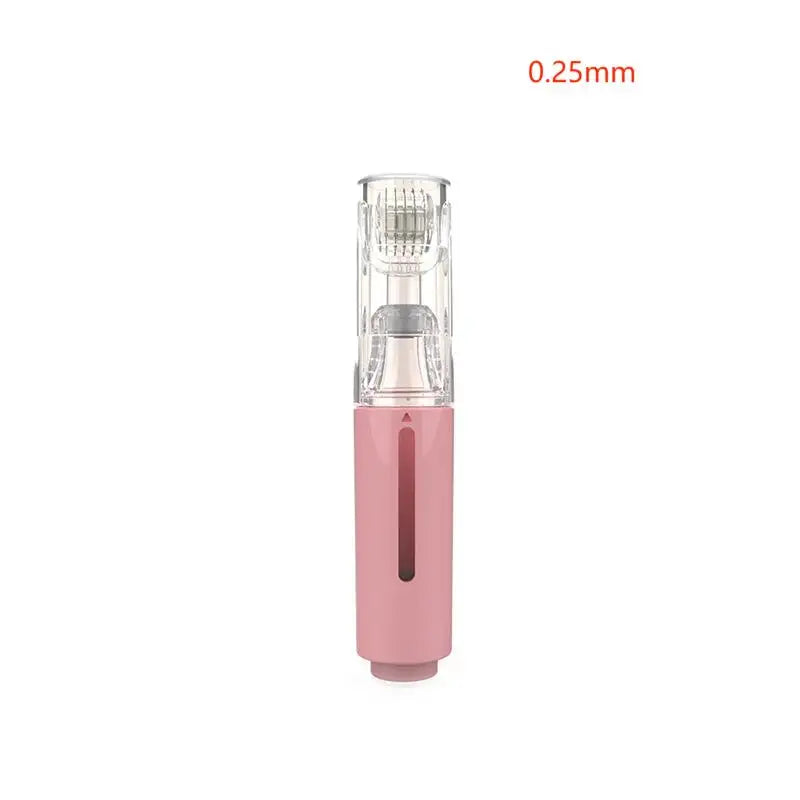 A pink 0.25mm derma roller with a serum applicator, featuring a clear protective cap and metal microneedles.