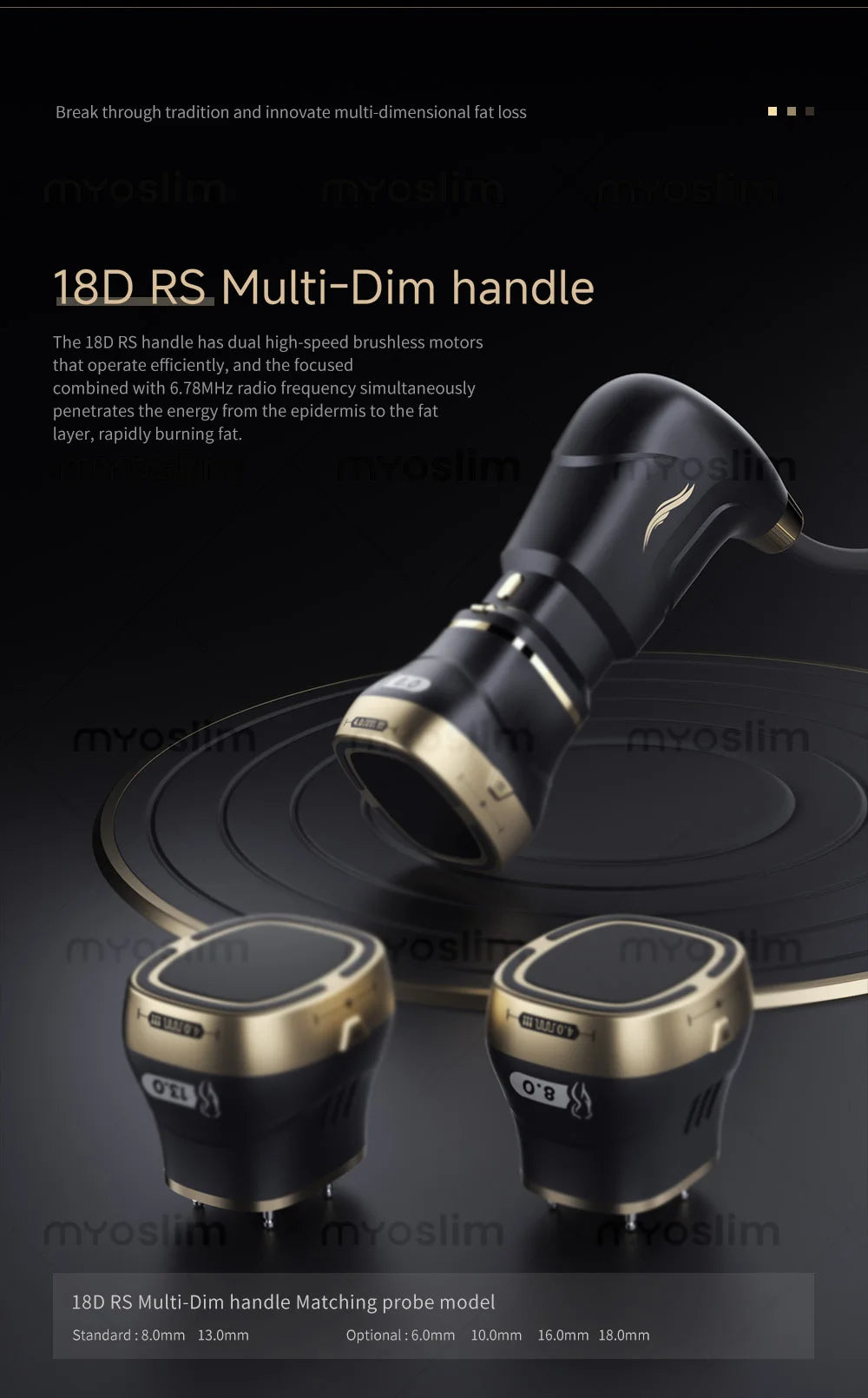 Black and gold 18D RS HIFU beauty device handle with interchangeable probes for facial tightening and fat reduction.
