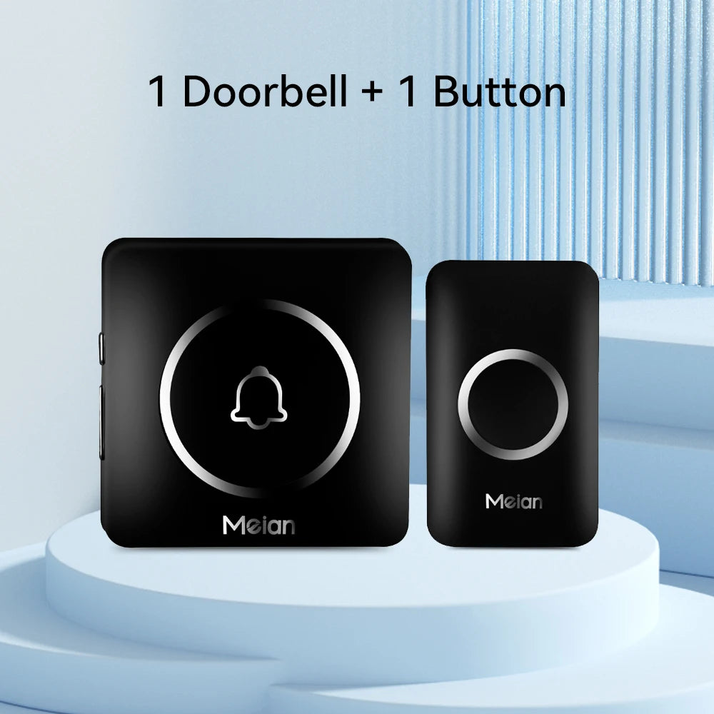 Black wireless doorbell receiver and button set labeled “1 Doorbell + 1 Button”