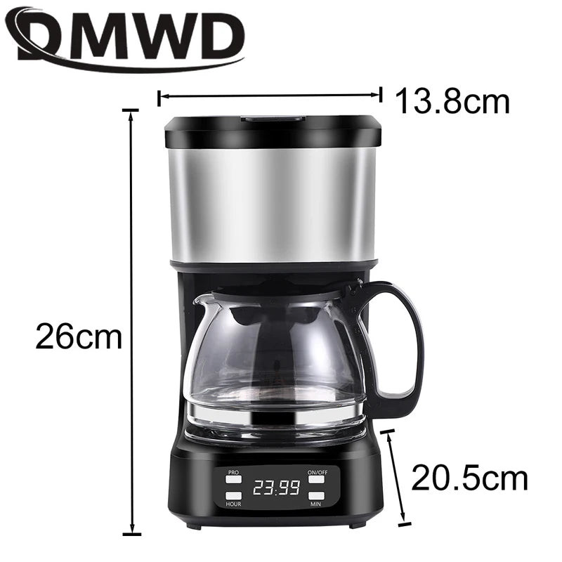 MWD black and stainless steel programmable drip coffee maker with glass carafe and digital display, 26cm tall.
