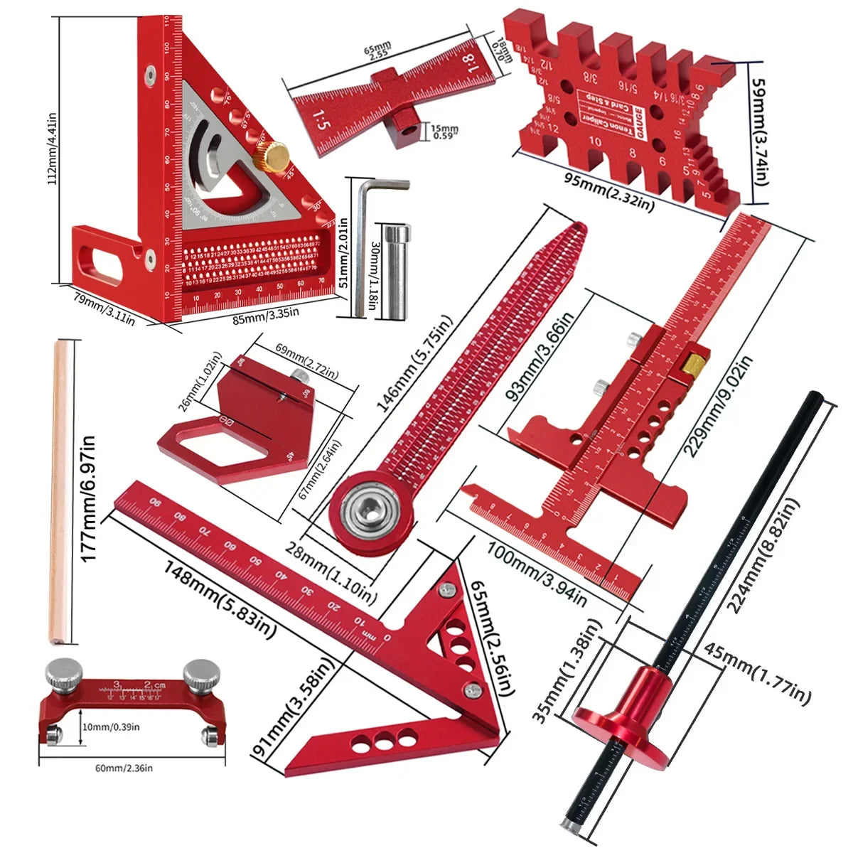 10pcs Woodworking Square Kit with Box, T-Square Scribing Tools,Positioning Block,Circular Drawing Compass,Honing Guide,Height Ga