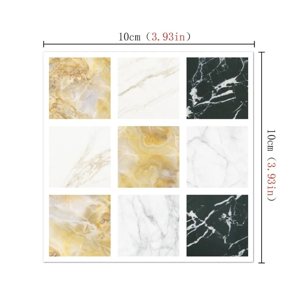 Set of self-adhesive 3D mosaic tile wall stickers with white marble and gold accents