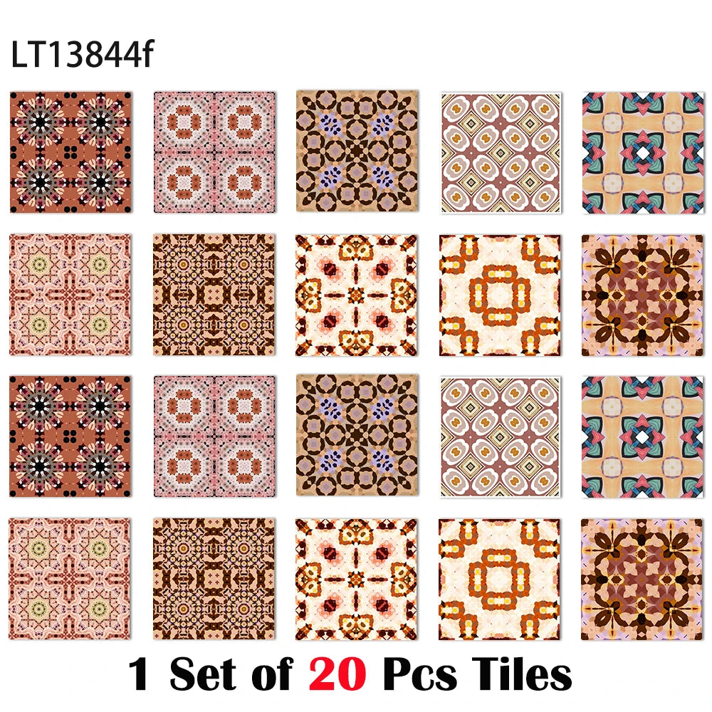 Square vintage tile wall sticker set, glossy warm brown with gold and cream patterned motifs