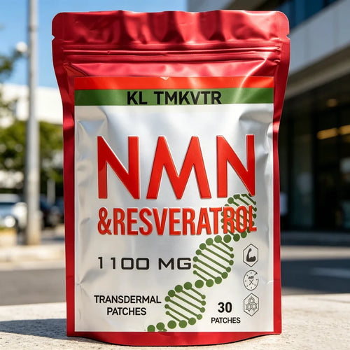 Anti-aging NMN & Resveratrol 1100mg transdermal patches in a red and silver stand-up pouch, 30 count.