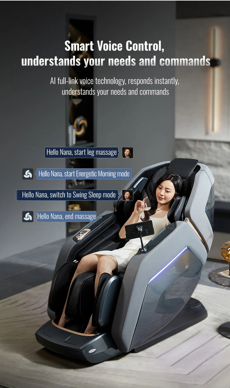 A woman sits in a sleek, gray 4D zero-gravity massage chair with built-in voice control and LED accents.
