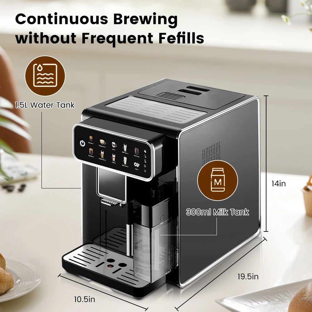 Black espresso coffee machine with 1.5L water tank, 300ml milk tank, and touch screen display for automatic brewing.