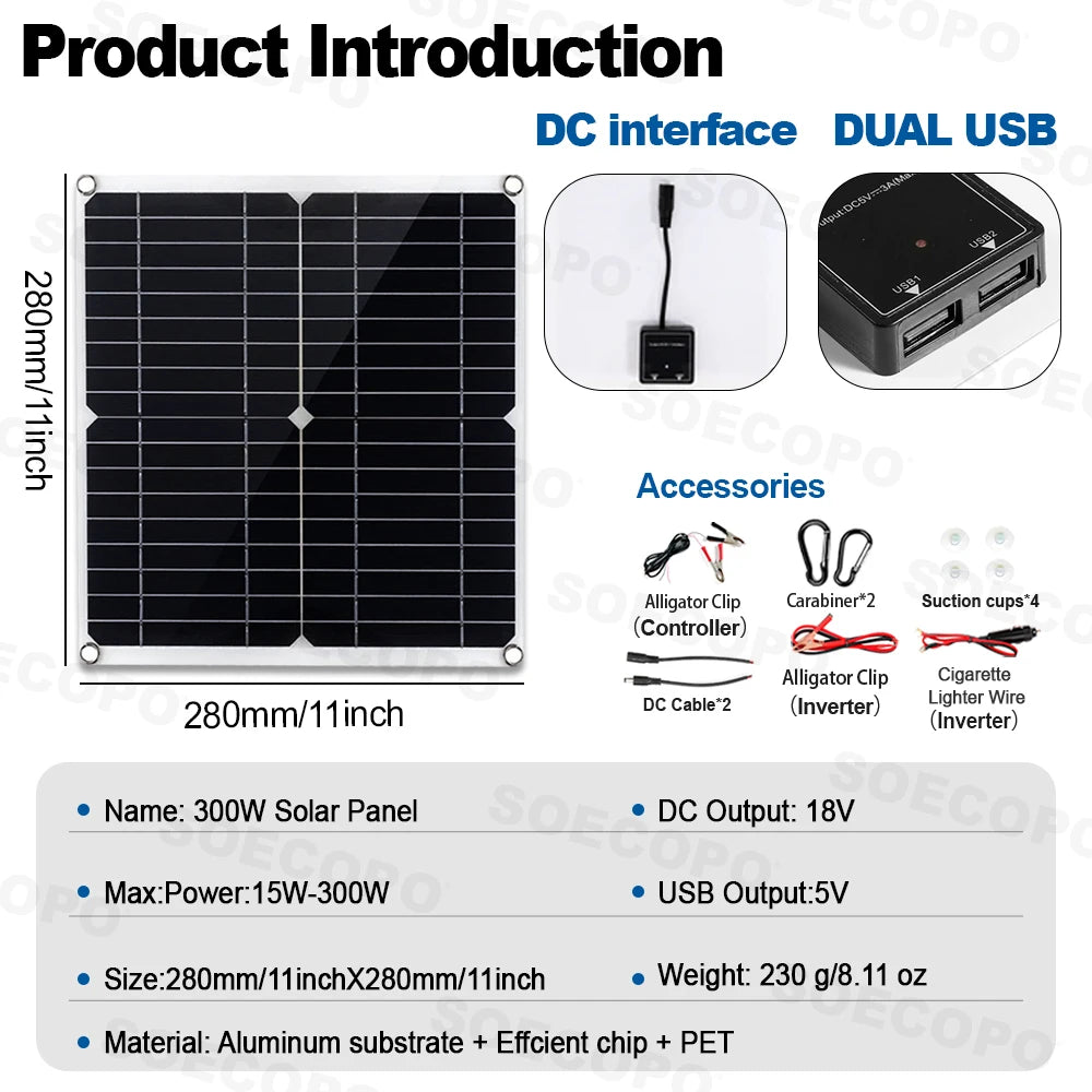 SOECOPO10000W Peak Solar System Kit 2x300W Solar Panels DC 12V 24V - AC 110V/220V Inverter 100A Controller for Home Camping