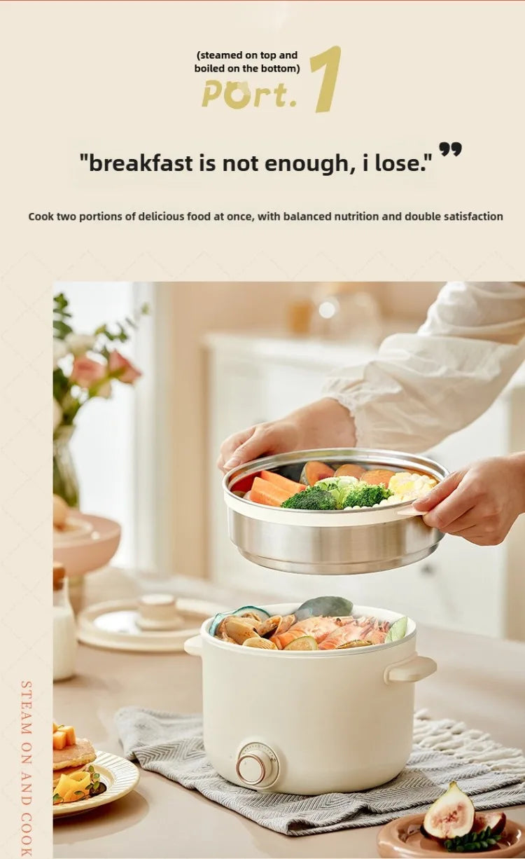 White electric multi cooker with lid and removable inner pot held for serving