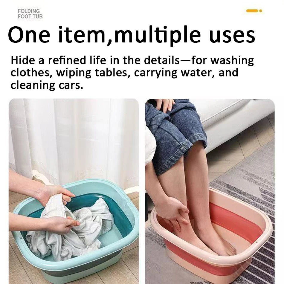 Portable foldable foot bath tub and multi-use silicone wash basin for home and travel, shown in blue and pink.