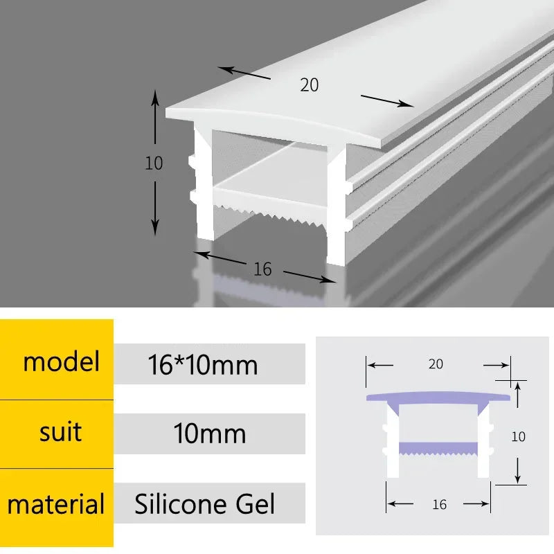 Silicone LED neon diffuser tube cross-section, 16x10mm profile, silicone gel