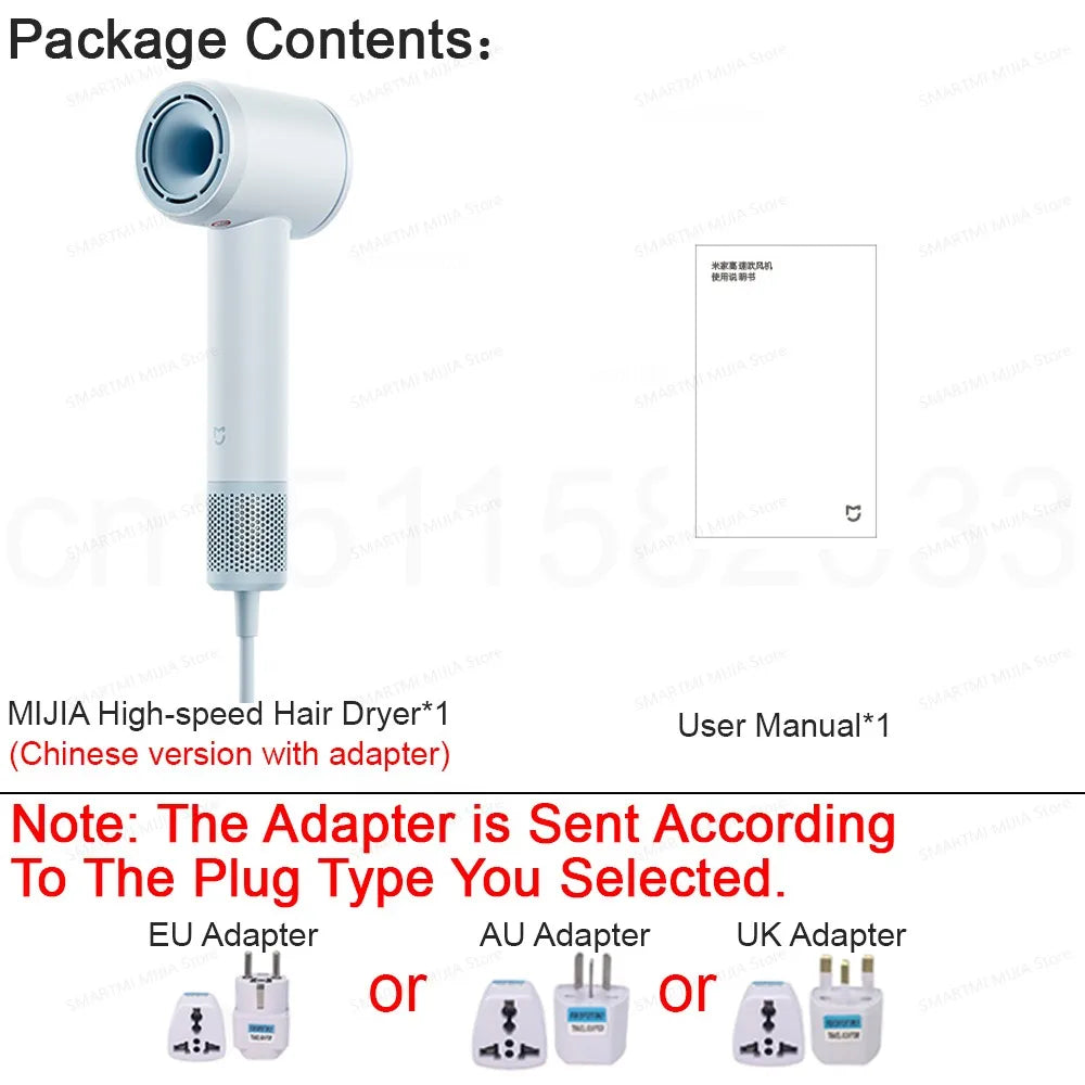 White MIJIA high-speed hair dryer with manual and plug adapter options. Lightweight 110,000rpm powerful hair tool.