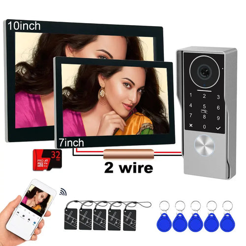 WiFi video door intercom kit with 10-inch and 7-inch touch monitors, keypad door unit