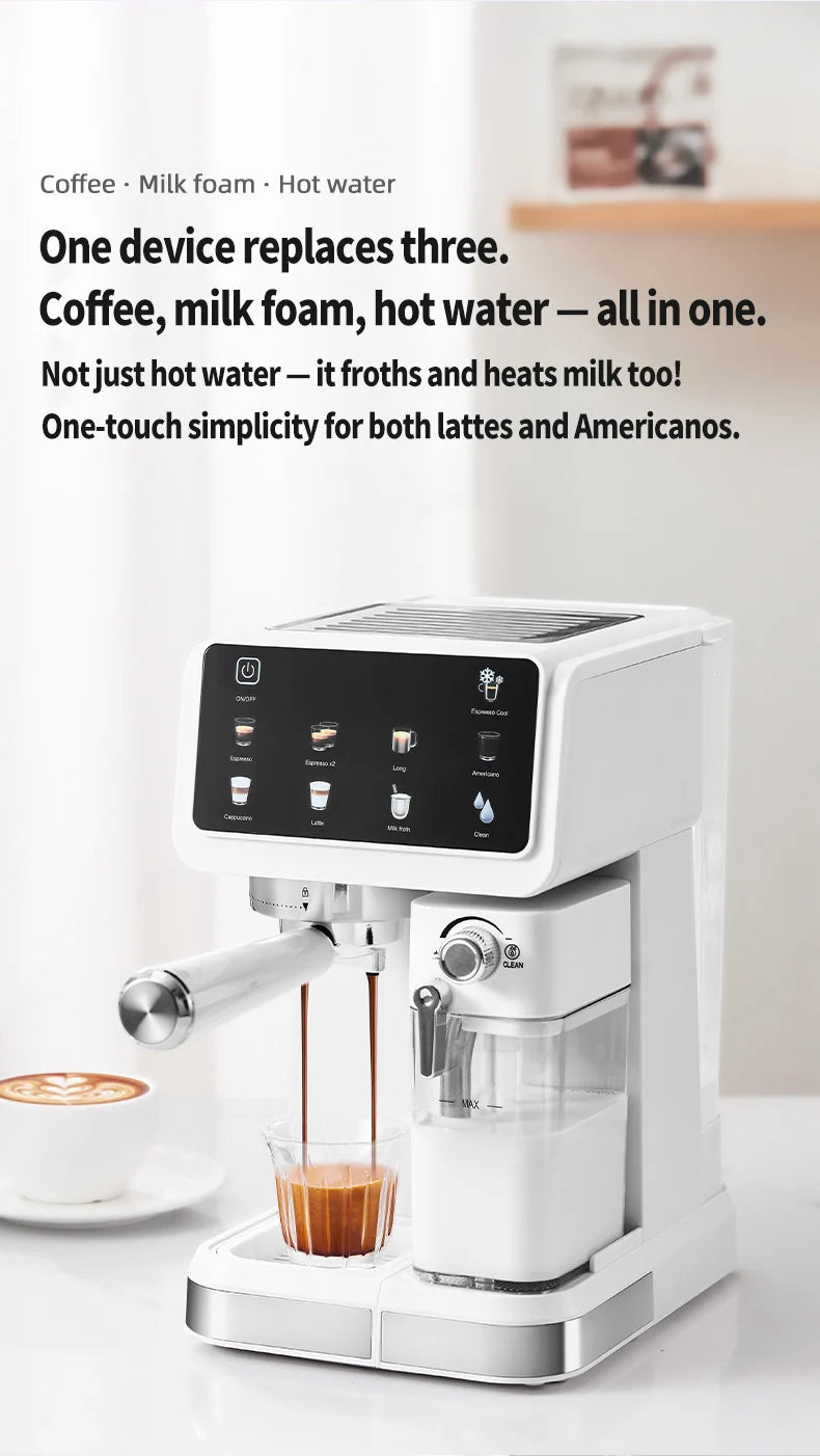 White all-in-one espresso machine with milk frother, touchscreen interface, and stainless steel portafilter.
