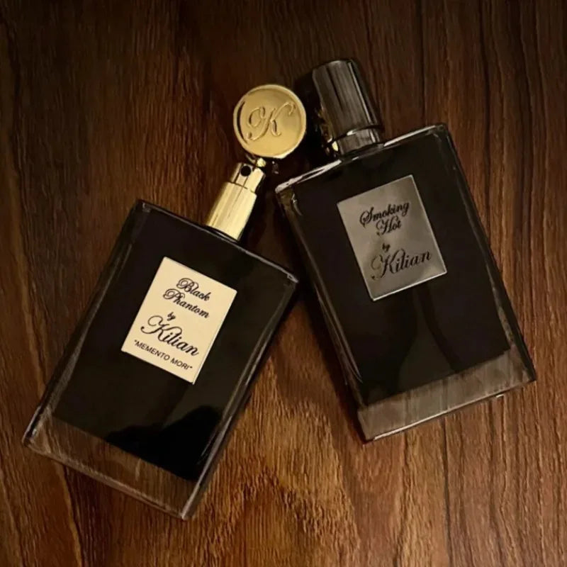 Kilian Black Phantom & Smoking Hot EDP: Unisex warm spicy woody niche perfume in signature black rectangular bottles.