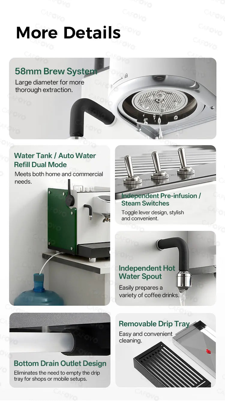 CAFOVO 58mm espresso machine: white/green commercial coffee maker with toggle switches, water tank, and steam wand.