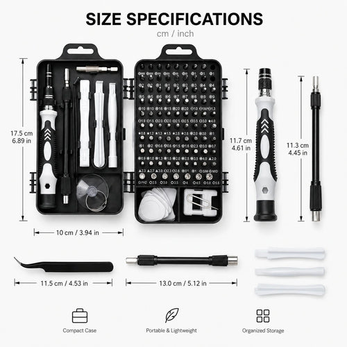 Precision screwdriver kit with 115 bits, compact case, and multiple screwdriver sizes