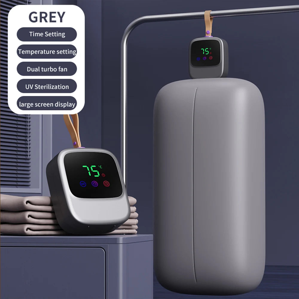 Tidesmit portable electric clothing dryer with remote control and UV sterilization feature, folded view.