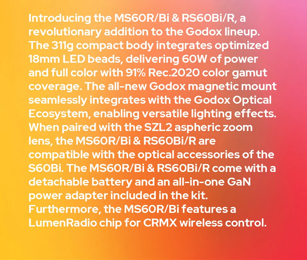 MS60R/Bi and RS60Bi/R compact 60W LED lights for professional photography and videography.