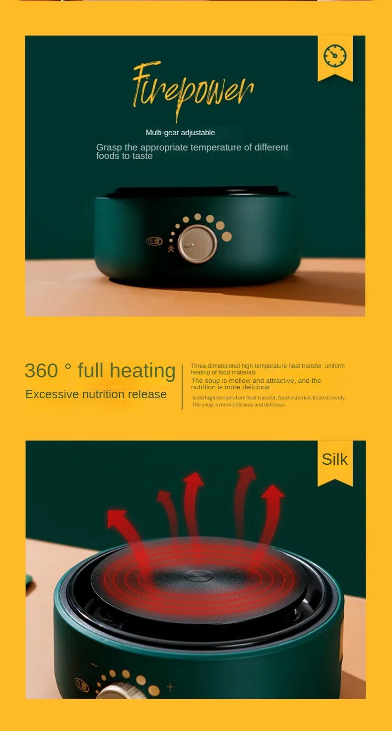 Green electric multi-cooker with dial, featuring 360° heating on product graphic