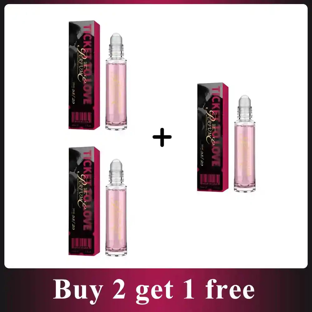 Three Ticket to Love perfume rollerball glass bottles with pink liquid and matching rectangular boxes.